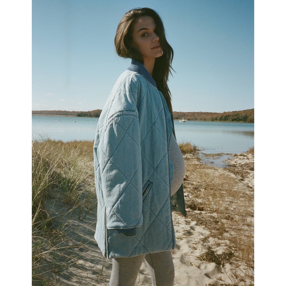 HATCH Emi Quilted Denim Bomber Jacket Womens Size 1 Blue Longline Zip Coat